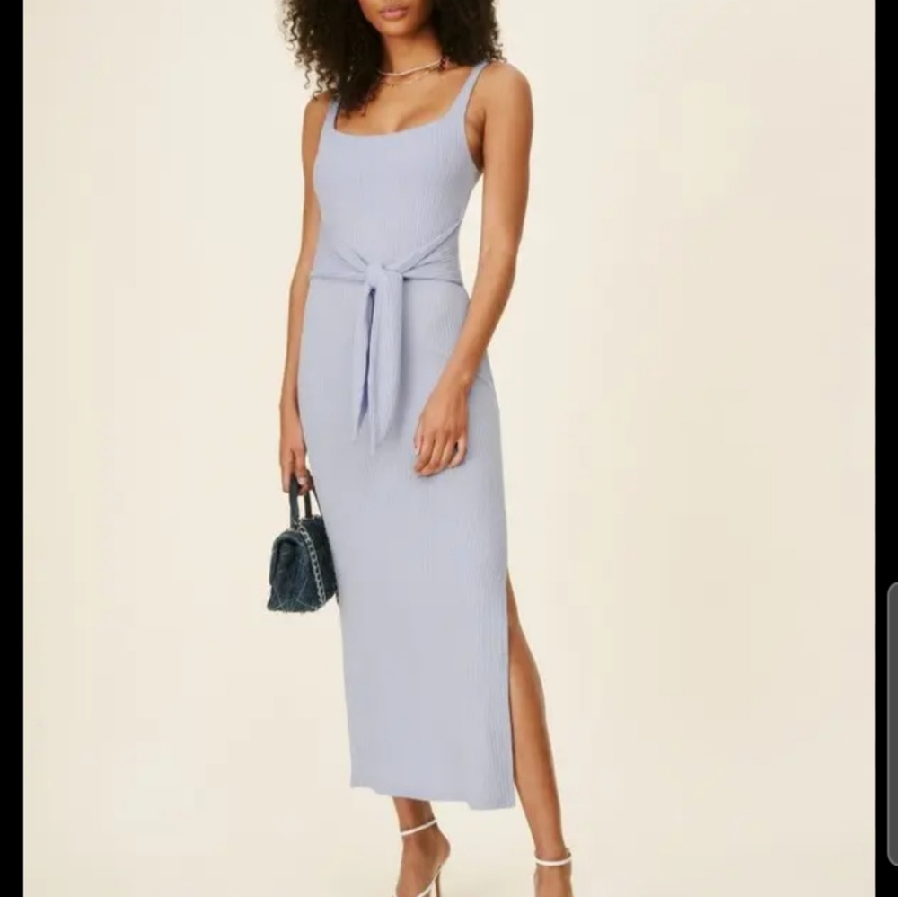 Reformation Light Blue Ribbed Maxi Dress with Waist Tie